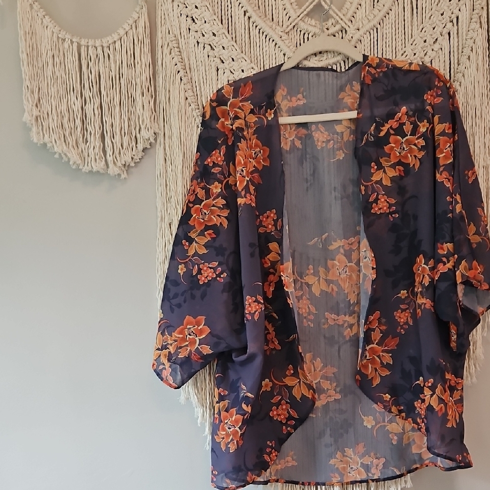 Navy Floral Sheer Kimono with Orange Flowers